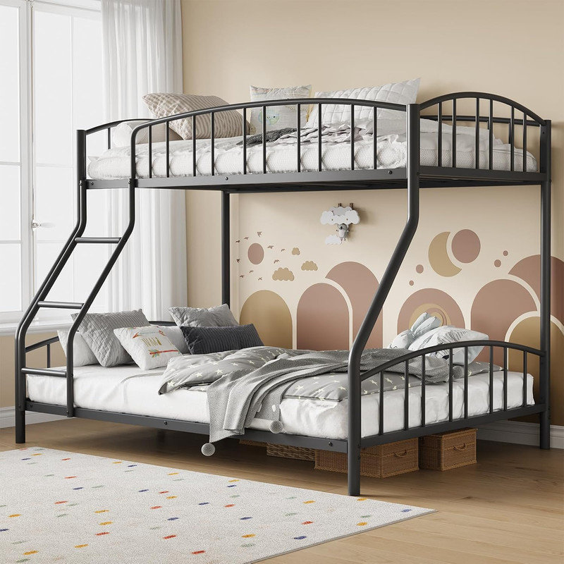 Twin Over Full Heavy-Duty Metal Bunk Bed with Arched Guardrail & Ladder, Steel Slats Support, Space-Saving, No Box Spring Needed