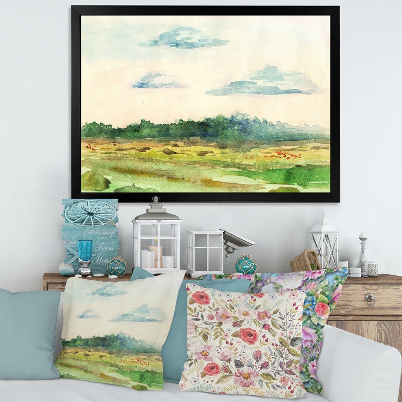 «Green Blossoming Summer Landscape», peinture sur toile, Toile avec cadre noir, H 16 po x l 32 po x P 1,5 po