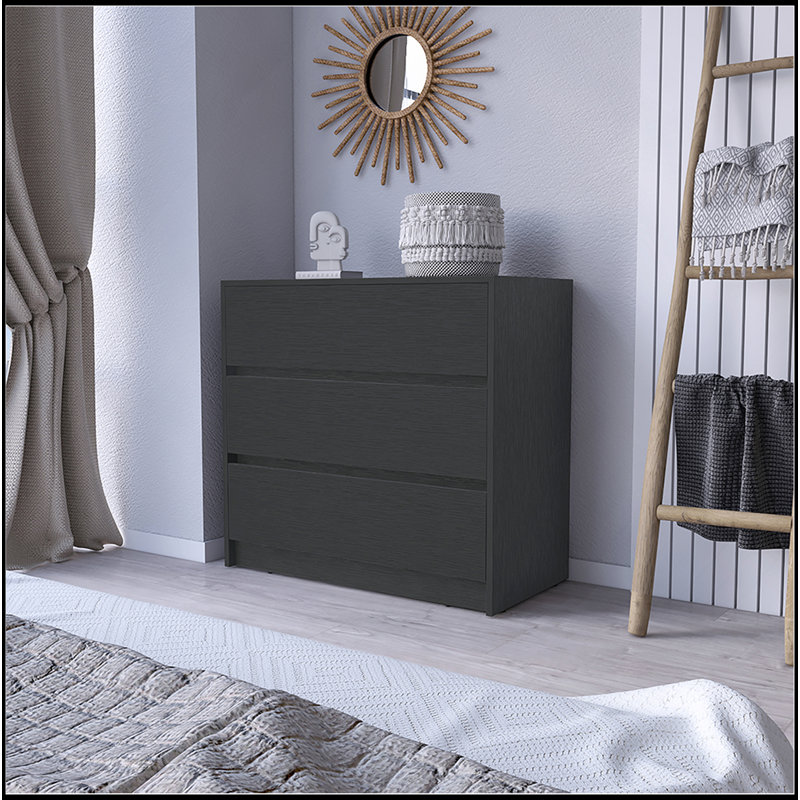 Commode Maldus, trois tiroirs, finition wengé noir, Noir