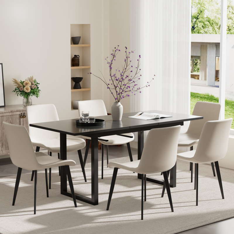 Ensemble de table de salle à manger 70,86 po à rallonge pour 4 à 6 personnes, Blanc/Noir, Noir, 7