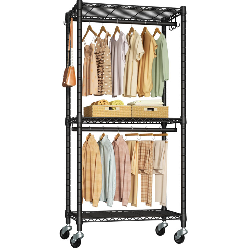 Black Portable Wire Closet System with Wheels, 23.6'' W x 14'' D x 74.5'' H