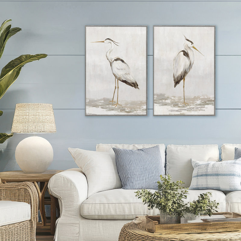 Seric Heron Birds, ensemble de 2 giclées encadrées, design par Hannah Dawson, H 30 po x l 40 po, Estampe numérique Farmhouse