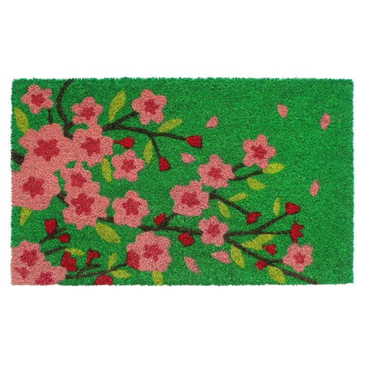 Hello Floral Natural/Pink Coir Outdoor Welcome Doormat, 18 x 30