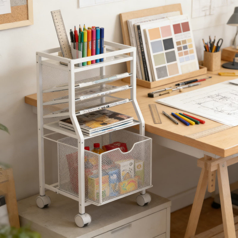 Chariot-classeur à 6 niveaux avec roulettes verrouillables, organiseur de bureau mobile avec tiroir à dossiers suspendus et plateaux coulissants pour le rangement de documents de bureau, de maison ou d'école