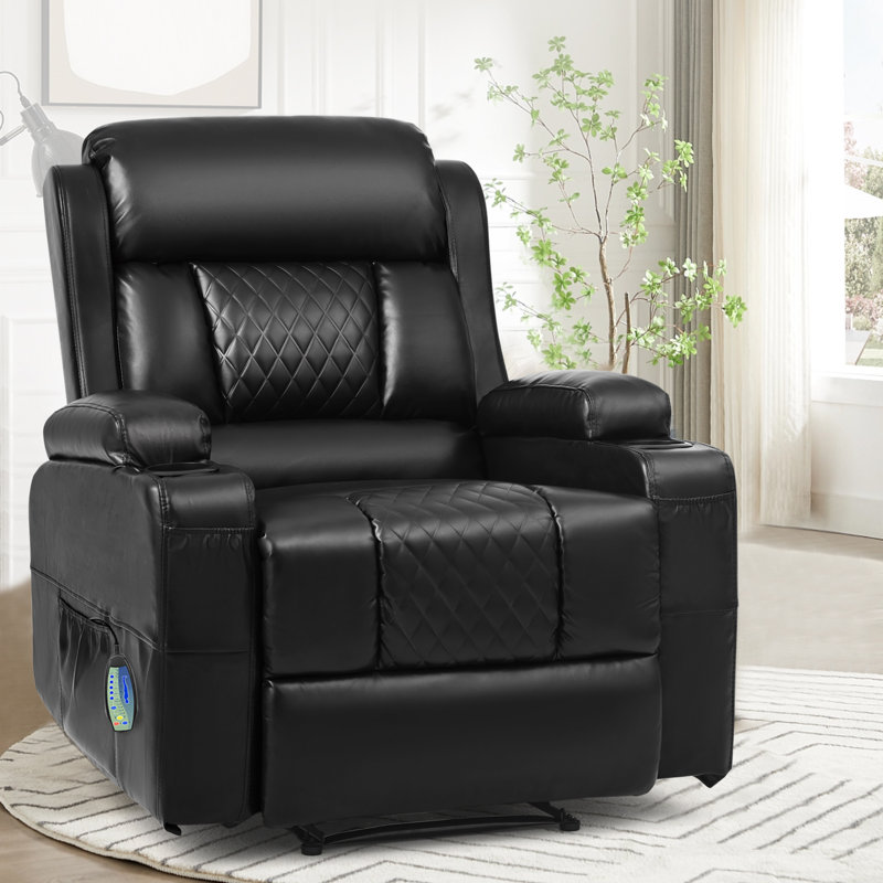 Fauteuil inclinable et chauffant de massage en simili cuir avec porte-gobelets Lumir, Noir