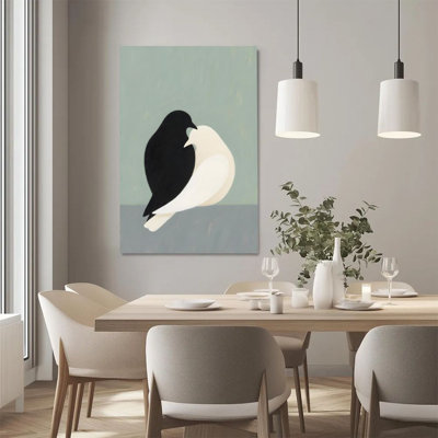 2D Flat, 1Pc Framed Canvas Wall Art, Two Birds Snuggling, Black and White Contrast, Minimalist Style Art Print Canvas Poster Painting Room Wall Decor,