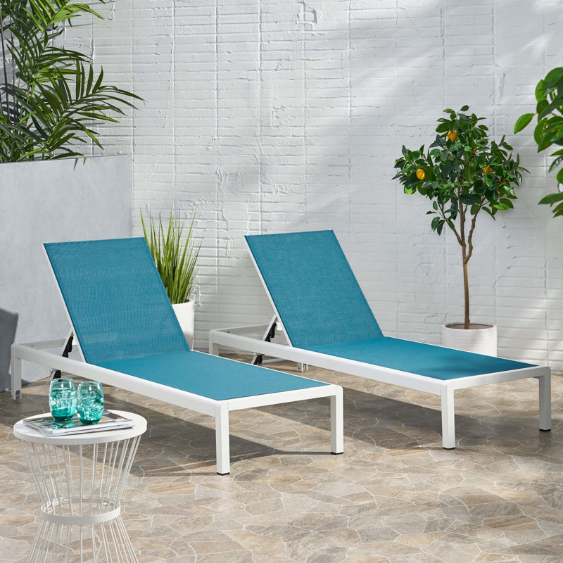 Ensemble de 2 chaises longues d'extérieur en aluminium, Blanc / Bleu, 2