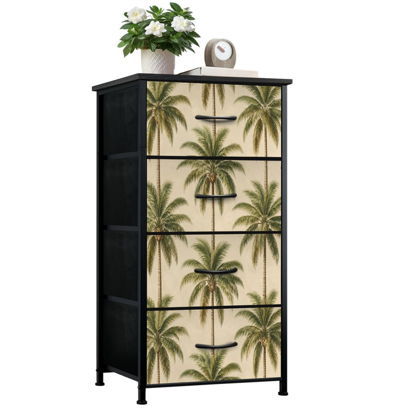 Commode 4 tiroirs à rangement vertical Palmier tropical beige rétro avec tiroirs en bois