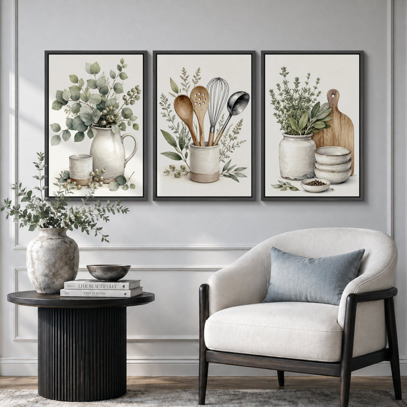 «Rustic Botanical Kitchen Still Life», art de cuisine, impression sur toile encadrée, 3 pièces, 36" H x 72" W x 1.5" D