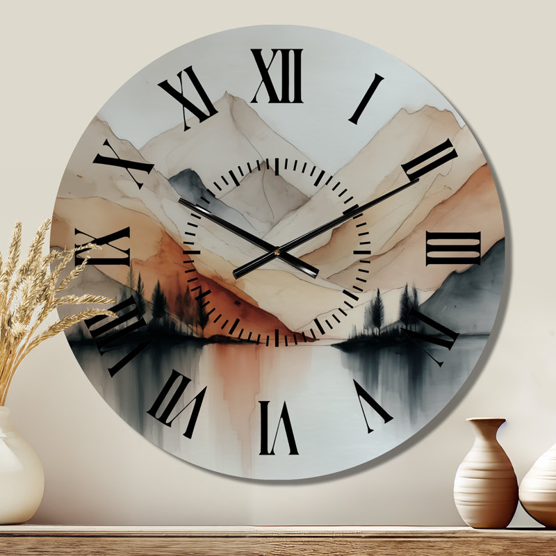 Horloge murale ronde en métal Watercolor River Drift Mountains, Petit