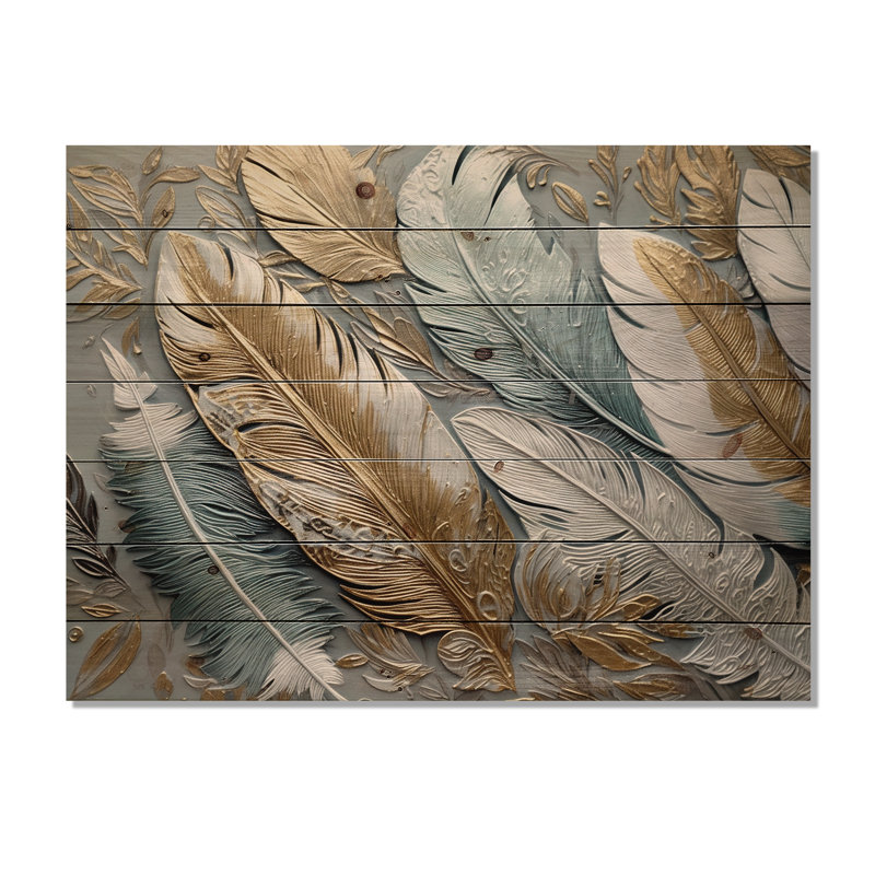 Plumes dorées dorées V - décoration murale florale en bois, H 30 po x l 40 po