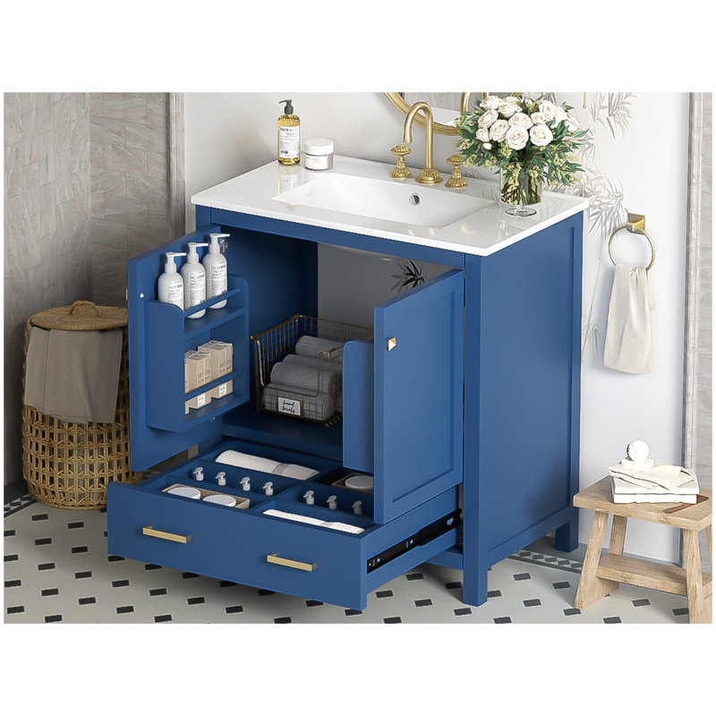 Meuble-lavabo de 30 po avec lavabo simple, meuble-lavabo encastré, armoire de rangement avec 2 portes et un tiroir, fermeture en douceur, rangement multifonctionnel, structure en bois massif