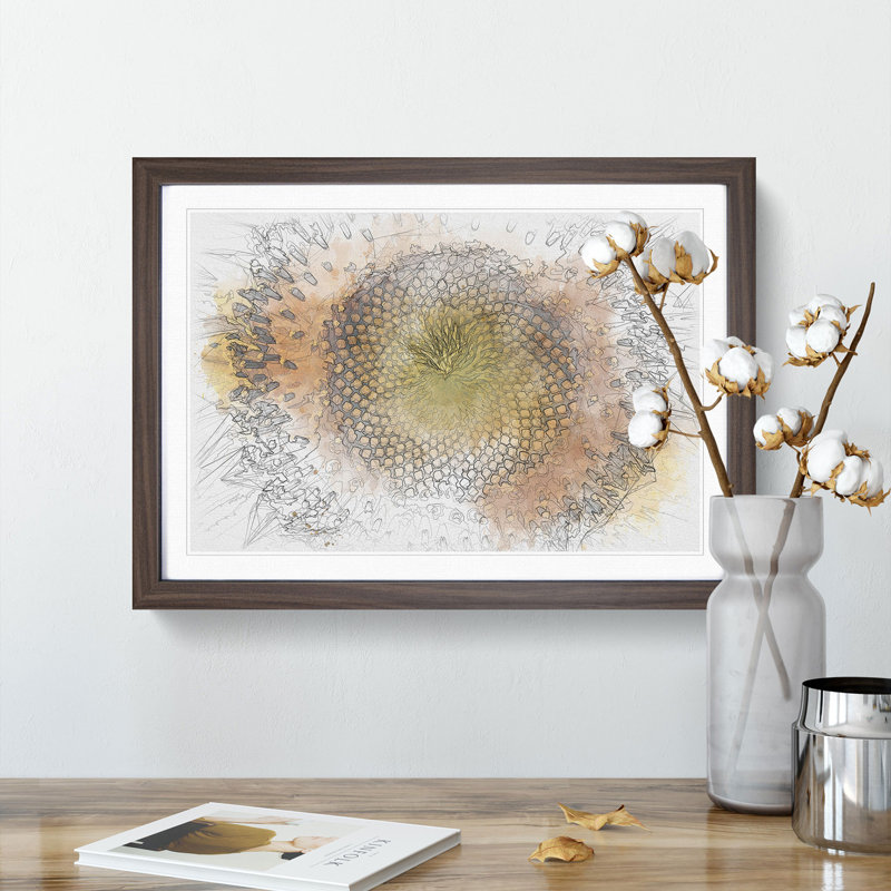 The Eye of a Yellow Sunflower Sketch - Picture Frame Graphic Art Print, Walnut Framed, 62cm H x 87cm W x 2cm D