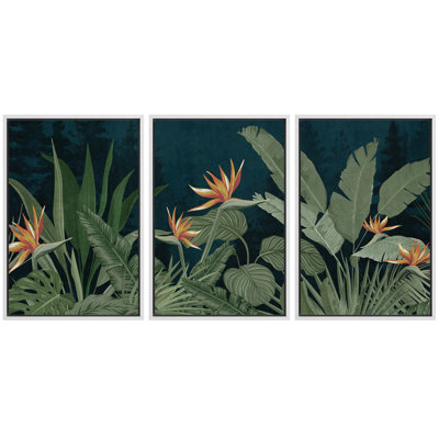 Moody Tropical Foliage with Orange Bird of Paradise Flowers - Pictures Framed Canvas Print 3 Pieces Wall Art.