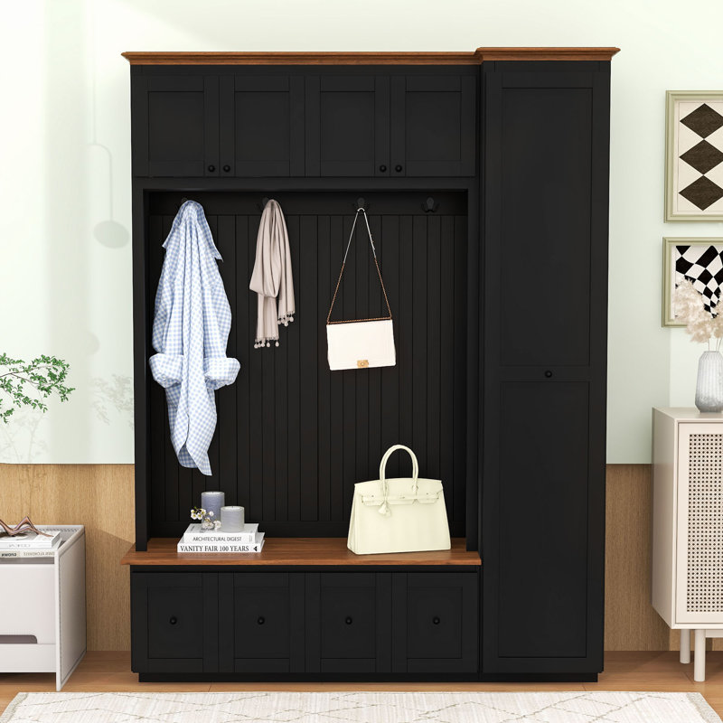 Hall Tree with Storage Bench, 4 Drawers, 2 Cabinets, 4 Hooks and Side Storage Organizer, Black