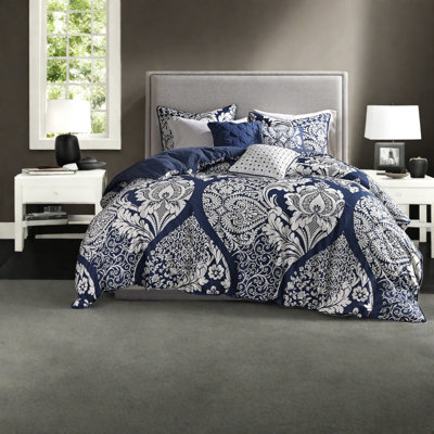 Elegant 7 Piece Bedding Set, Cotton Sateen Comforter With Indigo Damask Design For Home