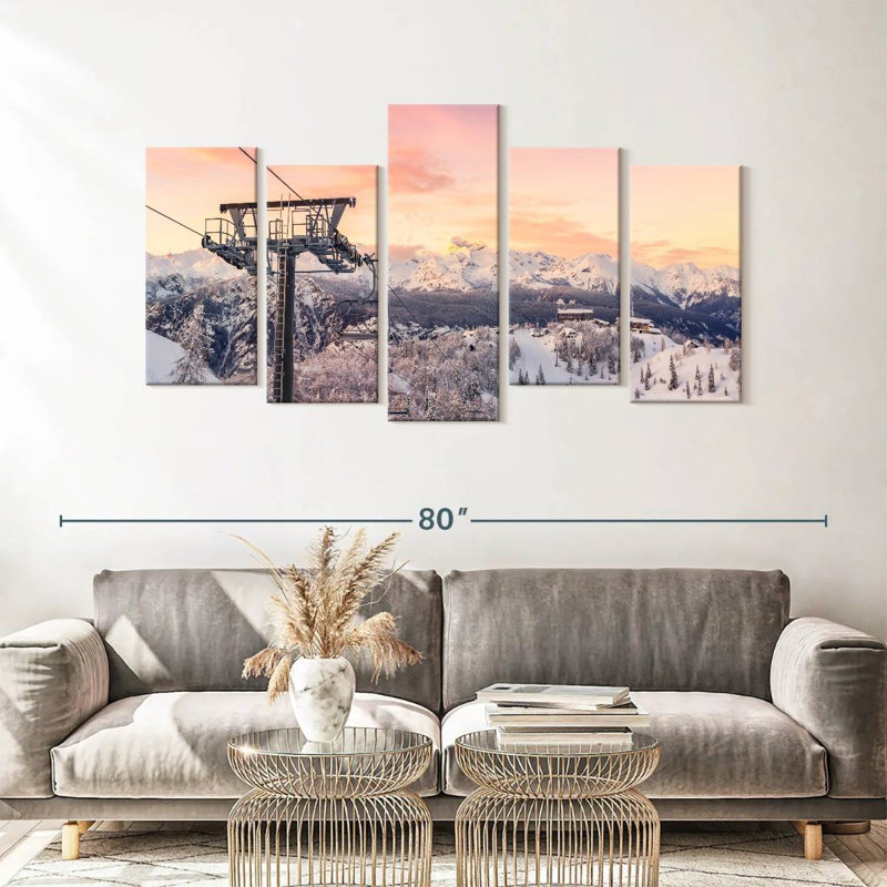 " Skiing On Snowy Mountain " 5 - Pieces, 33" H x 66" W