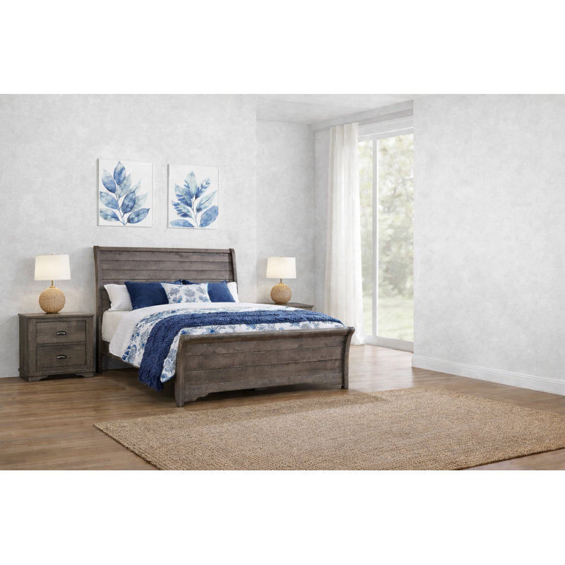 Ensemble de chambre à coucher moderne avec lit-bateau tapissier gris, 3 pièces, Très grand lit