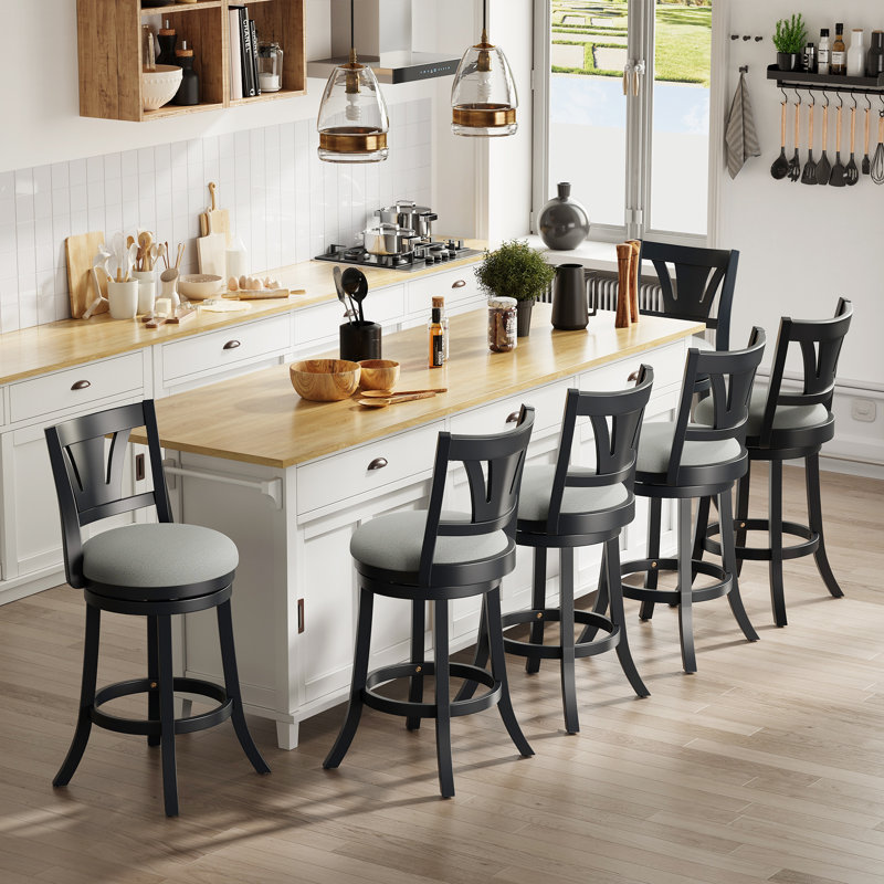 Upholstered Swivel Bar Stools with Curved Backrest & Solid Rubber Wood Legs, Gray Seat/Black Frame