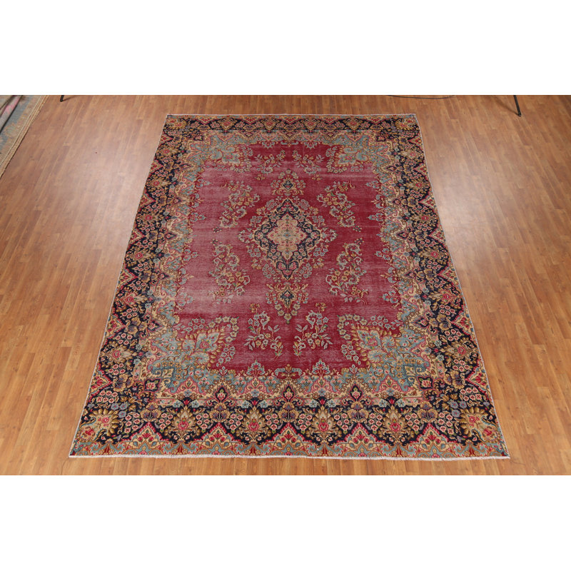 Tapis traditionnel floral en laine rouge 9 x 13