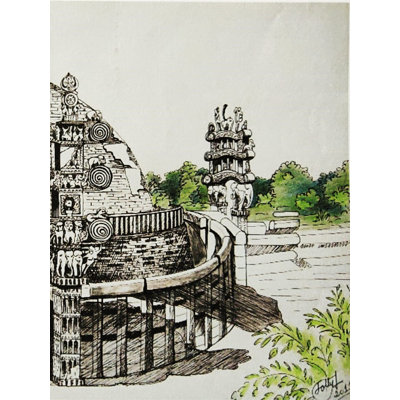 Sketch Of Sanchi Stupa | Ink On Paper | By Jolly Agarwal