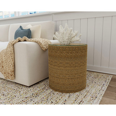 Round Side Table Featuring Brown Natural Seagrass And Clear Tempered Glass Top With Woven Plywood Construction