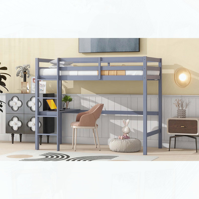 Twin High Loft Bed with Built-in Desk, Gray
