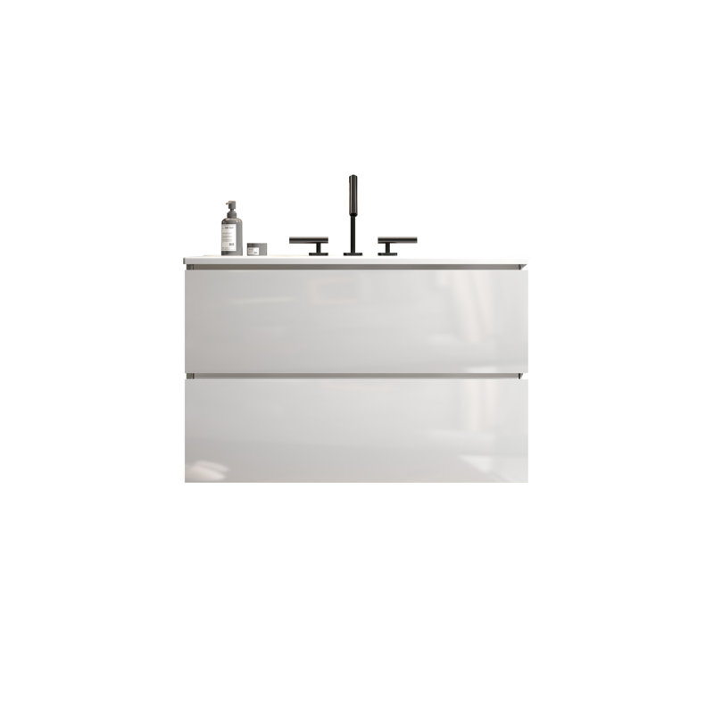 Meuble-lavabo mural de 30 po avec lavabo en céramique et trois trous de robinet, offrant une élégance intemporelle et une fonctionnalité améliorée.