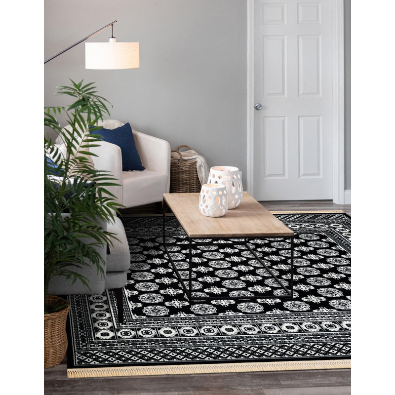 Tapis traditionnel Hinshaw noir et blanc, Carré 6 pi 1 po