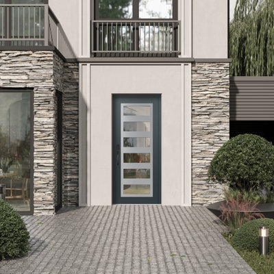 C9 droite 36 po X 80 po Porte d'entrée avant à panneau pré-montée en verre anthracite et verre transparent anthracite