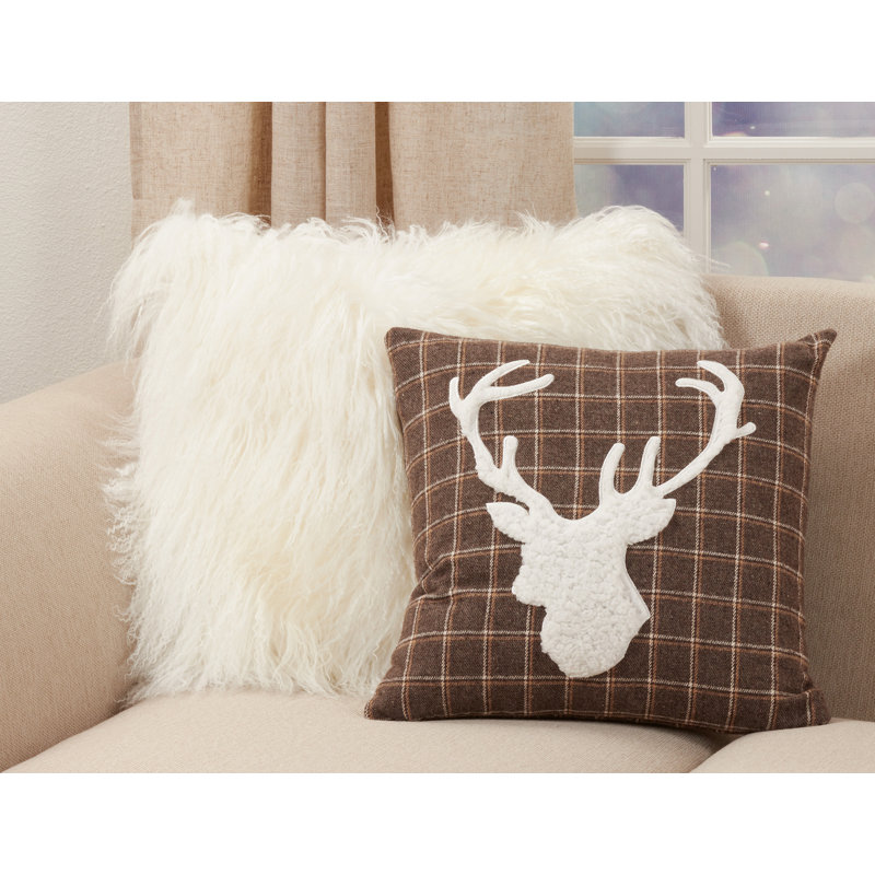 Brown Plaid Reindeer Applique Medium Throw Pillow