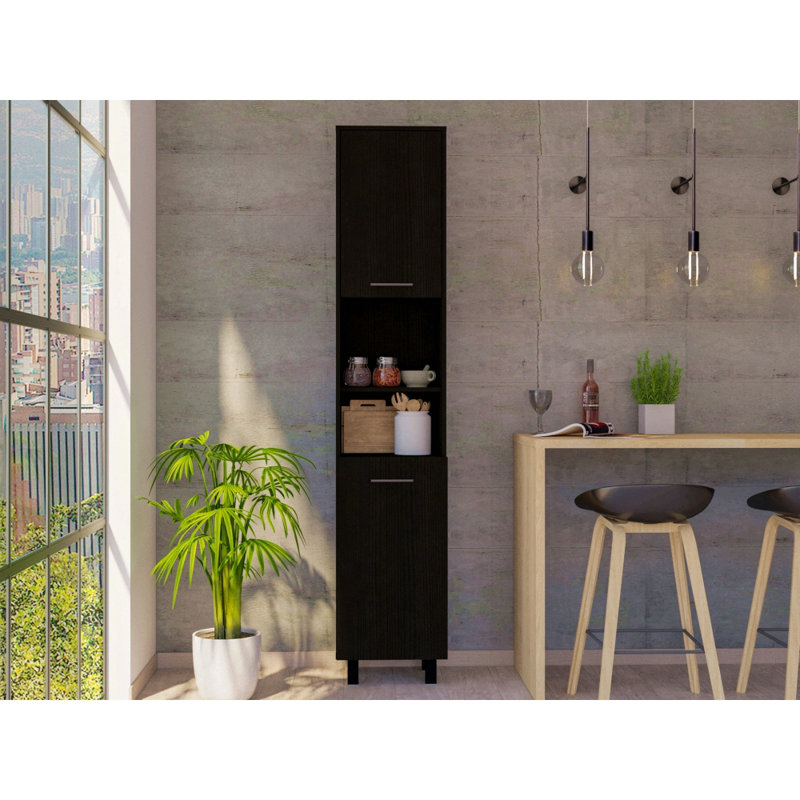 Kitchen Pantry H 79 ", deux tablettes de rangement ouvertes, trois tablettes internes, deux portes, quatre pieds, Noir mat