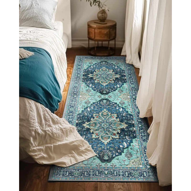 Floral Kitchen Rugs Washable Non-Slip, Runner 2' x 6', Teal