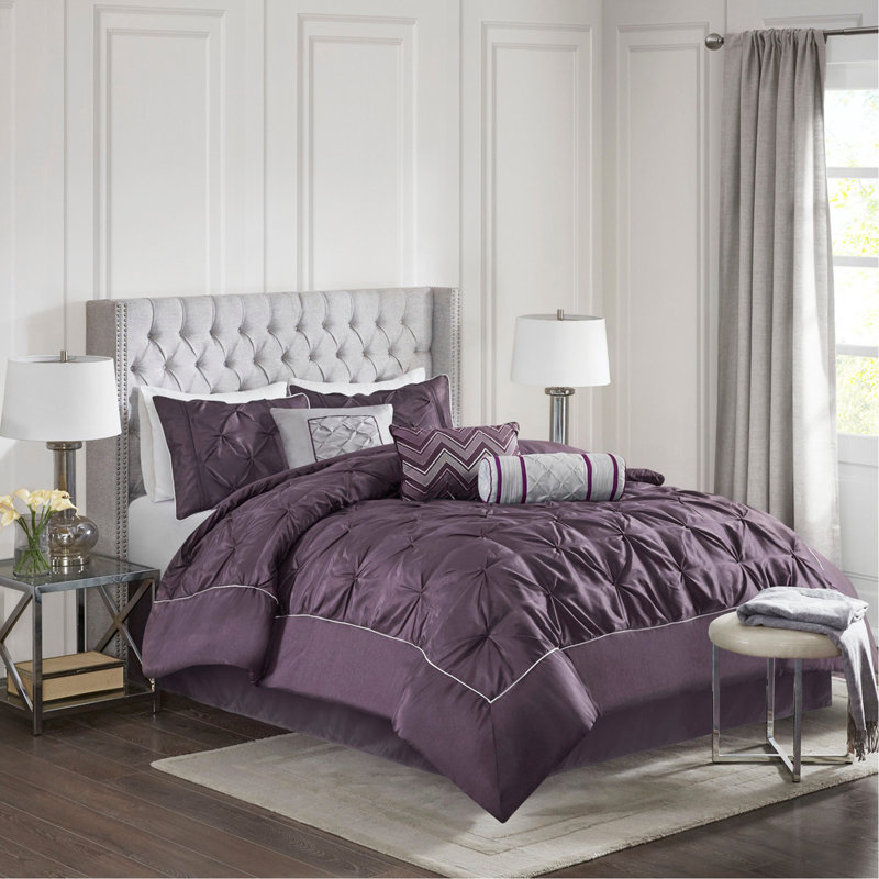 Ensemble d'édredon touffeté 7 pièces prune complète, Édredon double / grand + 6 pièces supplémentair, Chevron prune