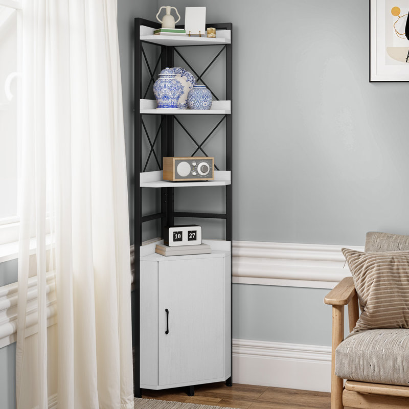  Corner Shelf 4 Tiers, Industrial Bookshelf With Cabinet,32d X 32w X 180h, White