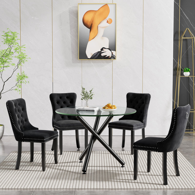 36" Glass Dining Room Table Set for 4, 5-Piece Round Black Dining Table with Metal Legs,  4pcs Velvet Upholstered Chairs with Wood Legs, Glass Kitchen Table and Chairs Set