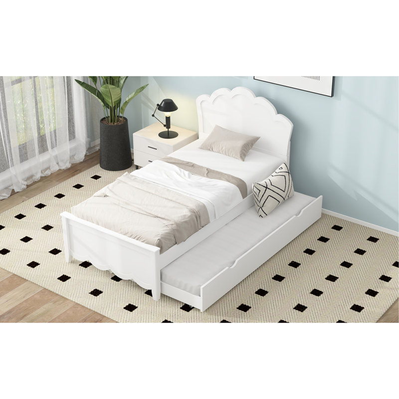 White Twin Size Wood Bed With Headboard And Efficient Trundle Platform Magnificent Space,, Twin
