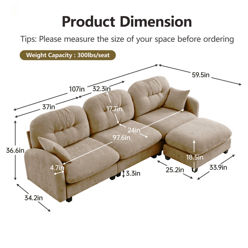 Canapé modulaire en L modulaire avec repose-pieds, tissu en chenille de qualité supérieure, conception de dossier à coussin touffeté, conception ergonomique facile à installer, convient aux chambres à coucher, aux salons de lecture, au chameau