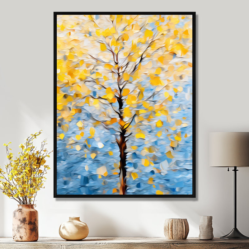 Arbre d'automne vibrant bleu ciel bleu - arbre, art mural floral, H 32 po x l 24 po x P 1 po, Toile avec cadre flottant noir