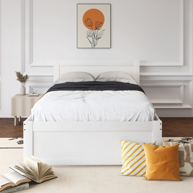 Lit plateforme double en bois avec tiroir et deux tablettes, Blanc antique