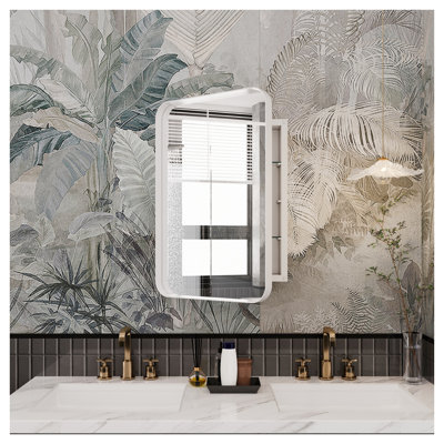 Armoire à pharmacie encastrée en métal blanc avec tablettes réglables et porte miroir