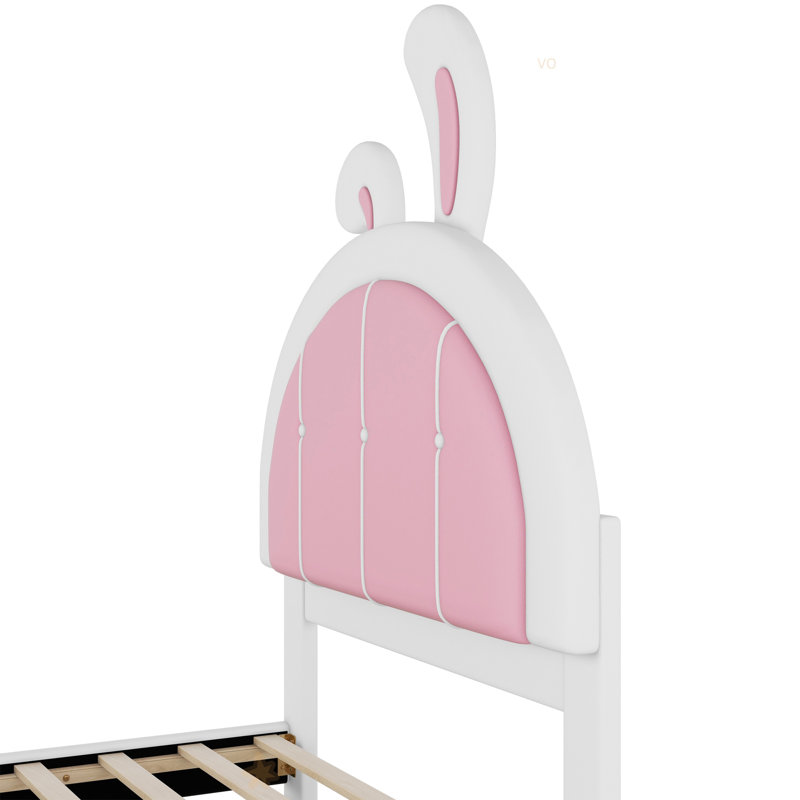 Lit plateforme tapissier avec tête de lit en forme de lapin, Blanc / Rose