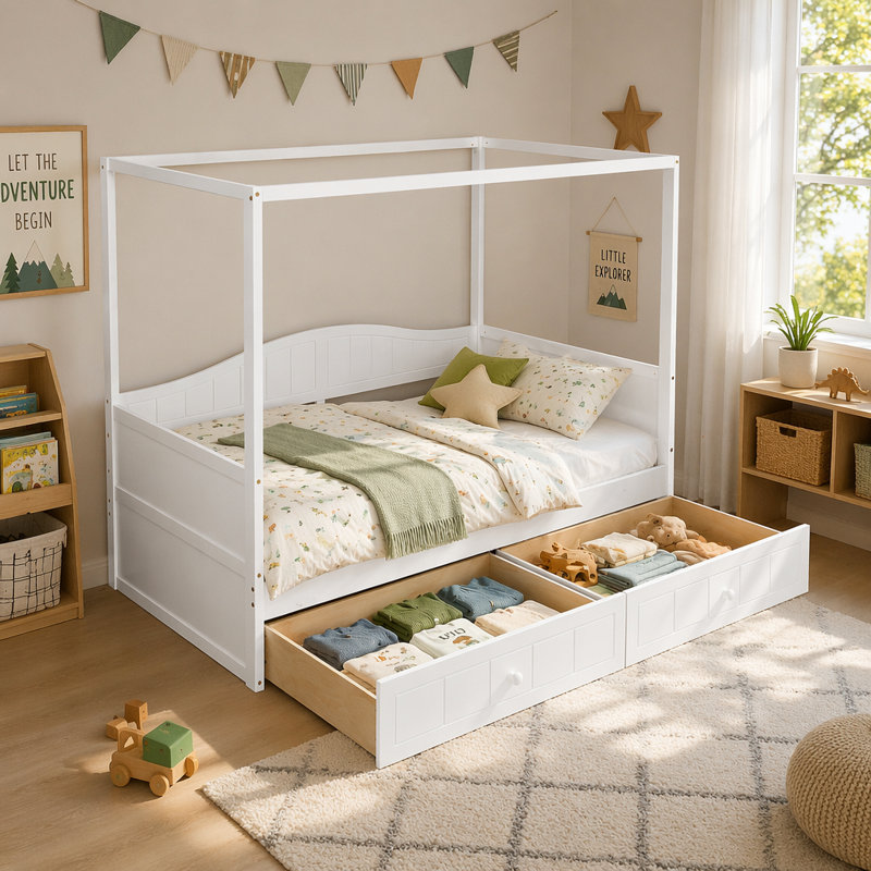 Lit de jour simple à baldaquin en bois avec 2 tiroirs, conception intemporelle et rangement compact pour les chambres modernes