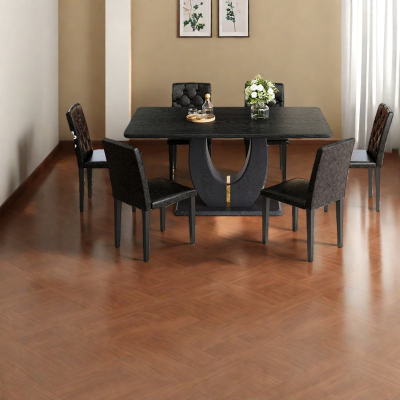 Modern Black Wood Grain Dining Table Sets With 6 Pu Chairs For Home