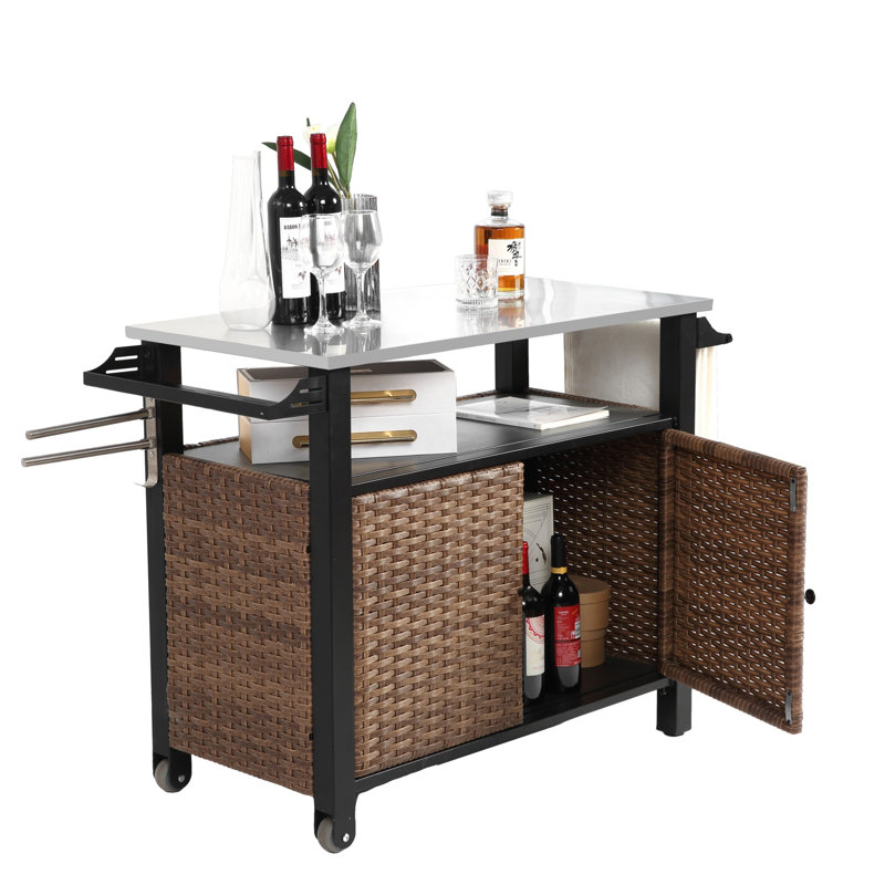 Outdoor Wicker Kitchen Island With Rolling Cart, Storage, And Stainless Steel Tabletop For Versatile Use