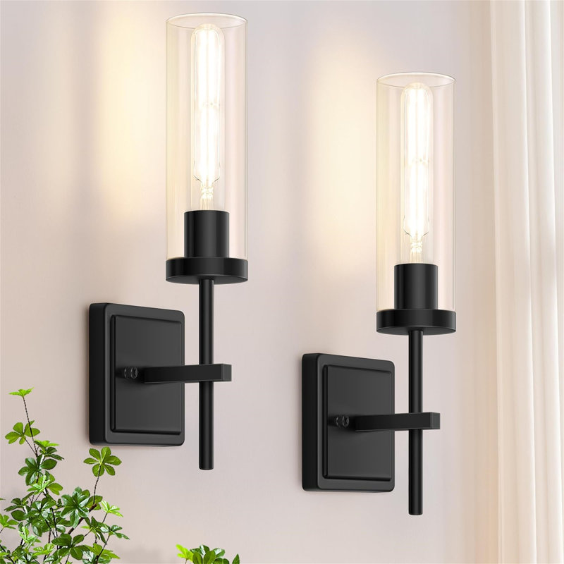 Metal Bathroom Wall Sconces Set Lighting with Clear Glass Shades, Matte Black