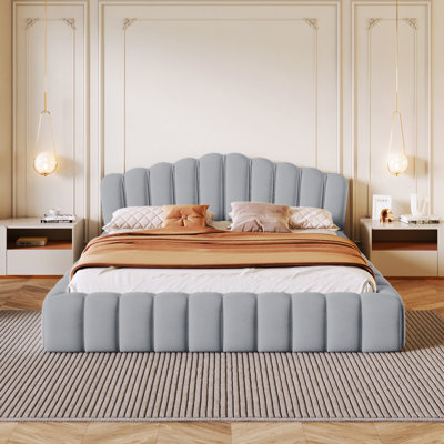 Velvet Upholstered  Bed Floor Bed Frame Shell-Shaped Headboard For Bedroom