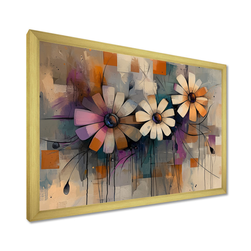 «Vintage Geometric Harmony Daisies II» - marguerites, art mural, H 34 po x l 44 po, Avec cadre, Doré