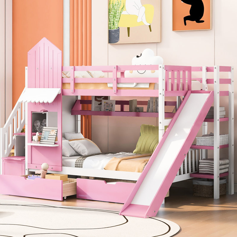 Lit superposé de style rose Twintwin, 2 tiroirs, 3 tablettes, glissoire, bois de pin massif et grande capacité de poids, idéal pour la rénovation de la chambre à coucher