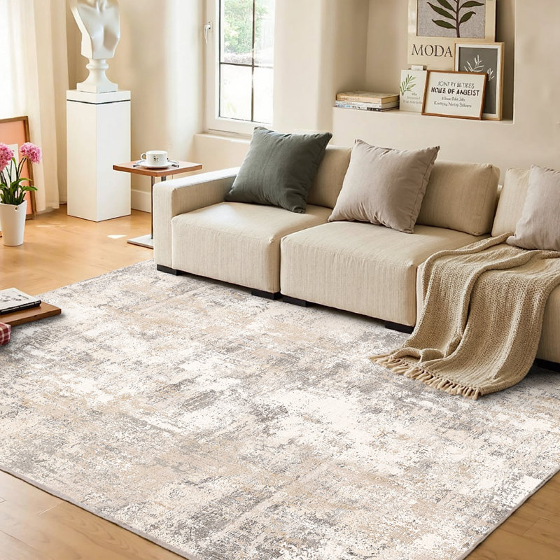 Tapis Elroy moderne abstrait lavable à la machine avec envers en caoutchouc antidérapant, Beige gris, Rectangle 4pi x 6 pi